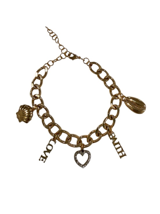 Handmade Jewelry - Handmade Gold Tone Charm Bracelet with Seashells and Love/Faith Charms